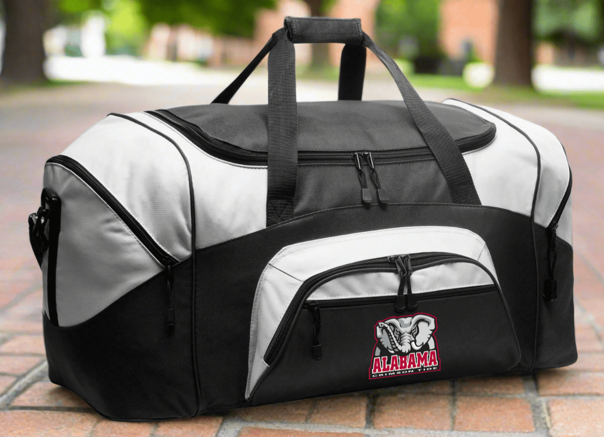 University of Alabama Duffel Bag β Large Crimson Tide Sports & Travel Bag with Alabama Elephant Logo β Gym Gear Duffel with Pockets & Shoulder Strap Black