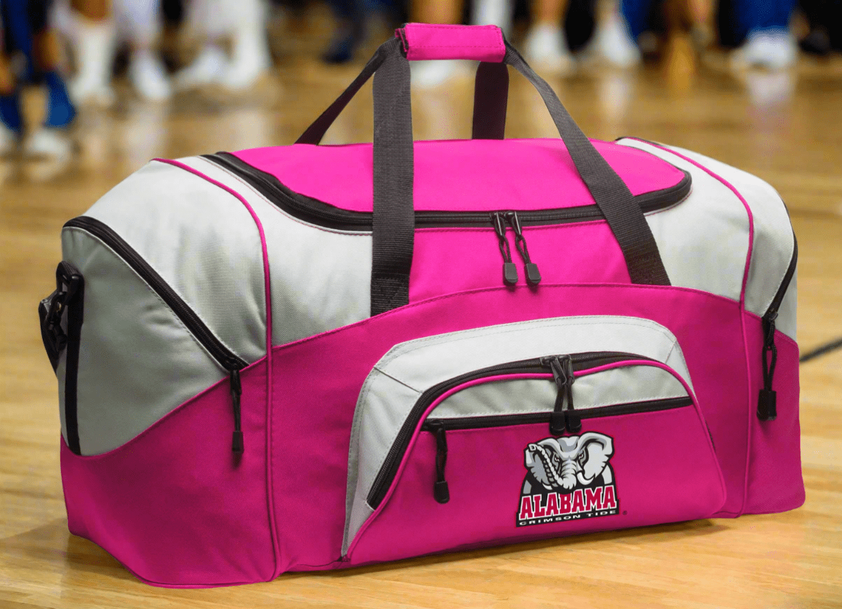 University of Alabama Duffel Bag β Large Crimson Tide Sports & Travel Bag with Alabama Elephant Logo β Gym Gear Duffel with Pockets & Shoulder Strap Pink