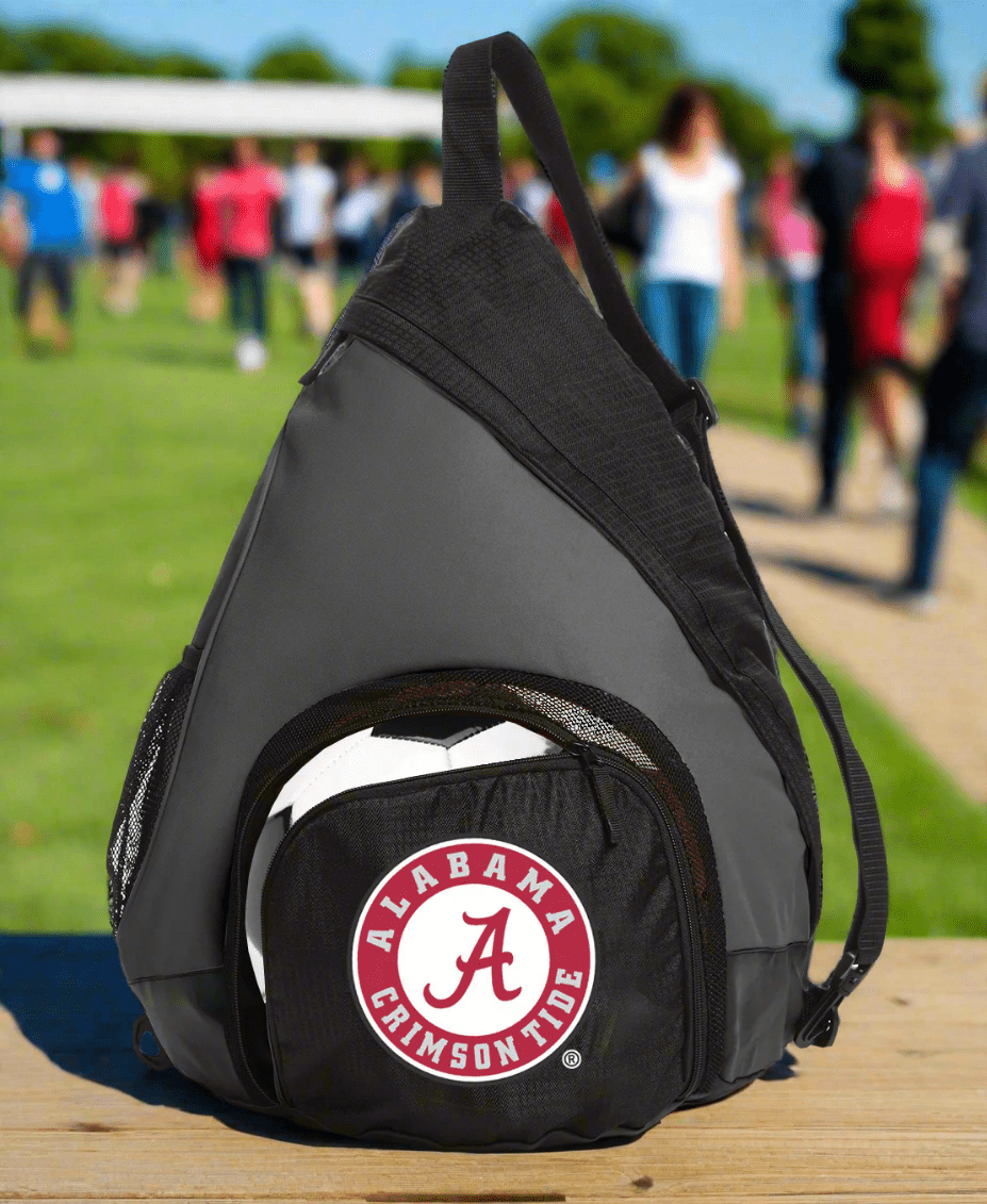 Alabama Logo Sling Backpack Alabama Bag with Soccer Ball or Volleyball Bag Sports Gear Compartment Practice Bag Black