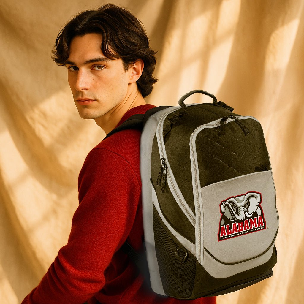 Alabama Backpack – Official Crimson Tide Laptop Backpack with Side-Entry Padded Compartment – Fits 17" Laptops – 600D Polyester Black and Gray