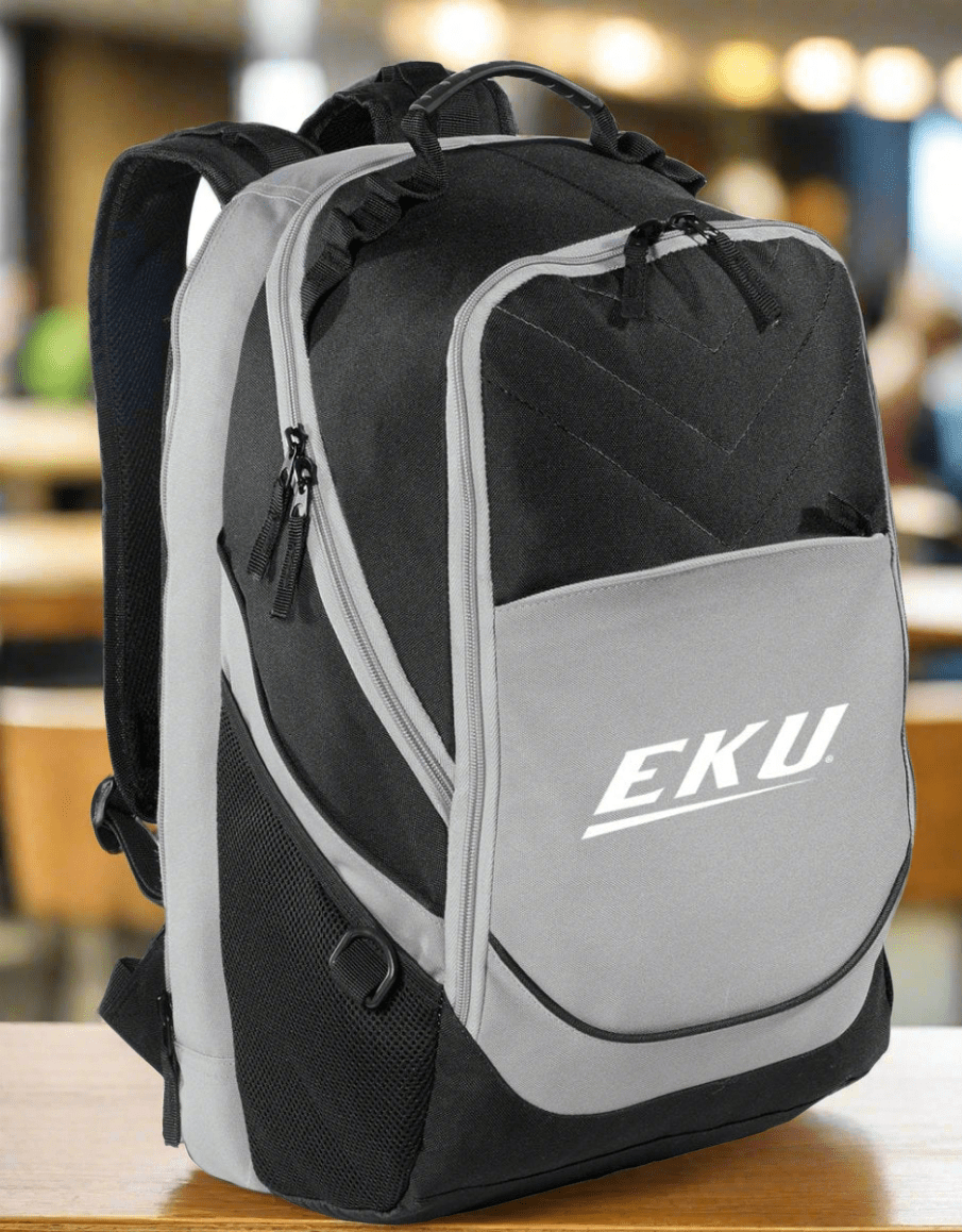 EKU Laptop Backpack – Official Eastern Kentucky Colonels Bookbag – 17" Laptop Sleeve, NCAA School Gear – 600D Polyester Black and Gray