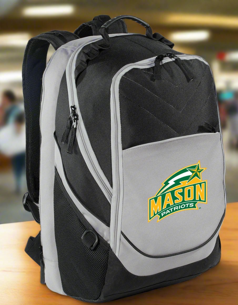 George Mason Laptop Backpack – Official George Mason Patriots Bookbag – 17" Laptop Sleeve, NCAA School Gear – 600D Polyester Black and Gray