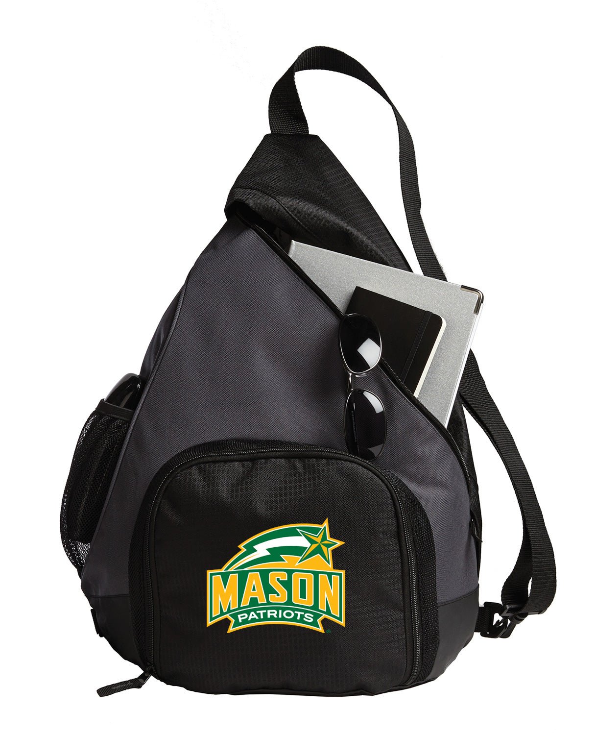 George Mason University Sling Backpack GMU Patriots Bag with Soccer Ball or Volleyball Bag Sports Gear Compartment Practice Bag Black