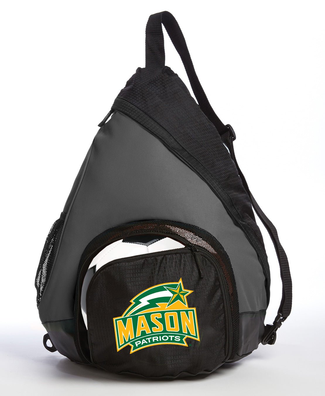 George Mason University Sling Backpack GMU Patriots Bag with Soccer Ball or Volleyball Bag Sports Gear Compartment Practice Bag Black