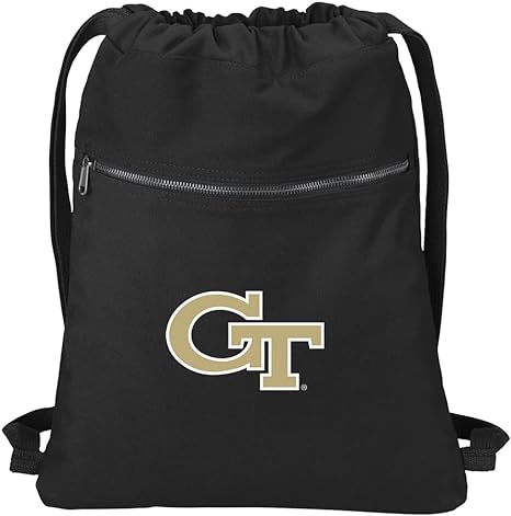 Georgia Tech Canvas Drawstring Backpack Georgia Tech Logo Cotton Cinch Pack Bag Black