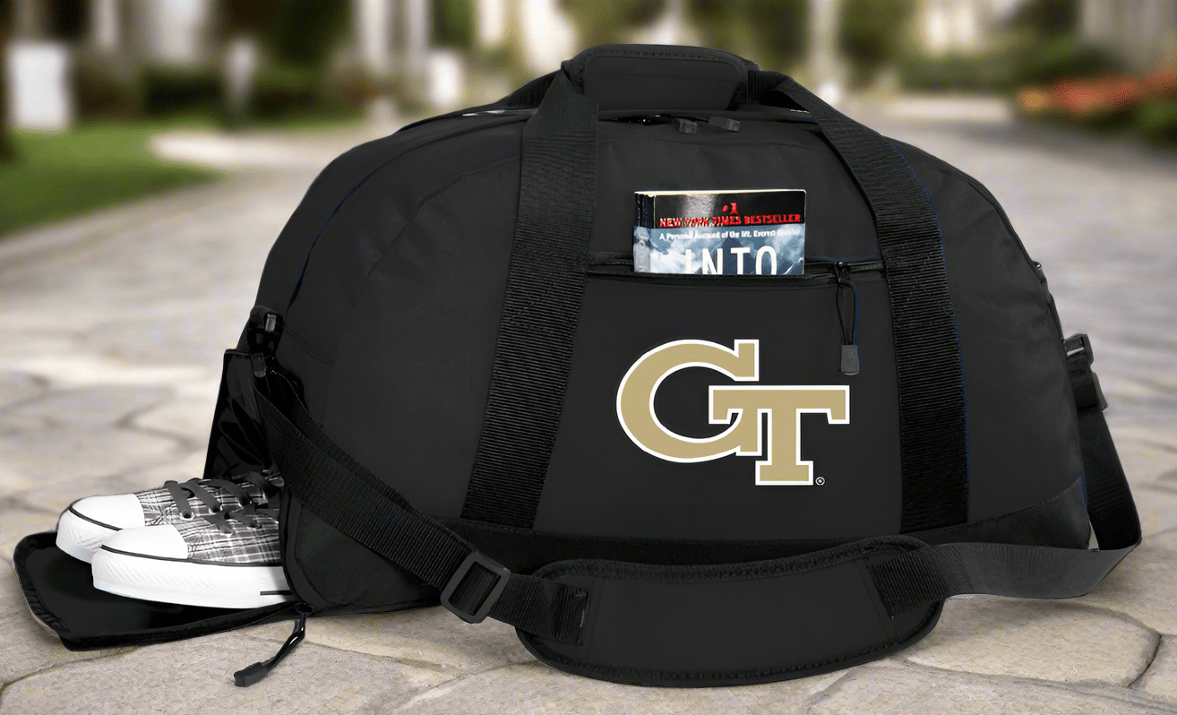 Georgia Tech Duffel Bag – Official Yellow Jackets Medium Gym & Travel Bag with Shoe Pocket – 600D Polyester Black