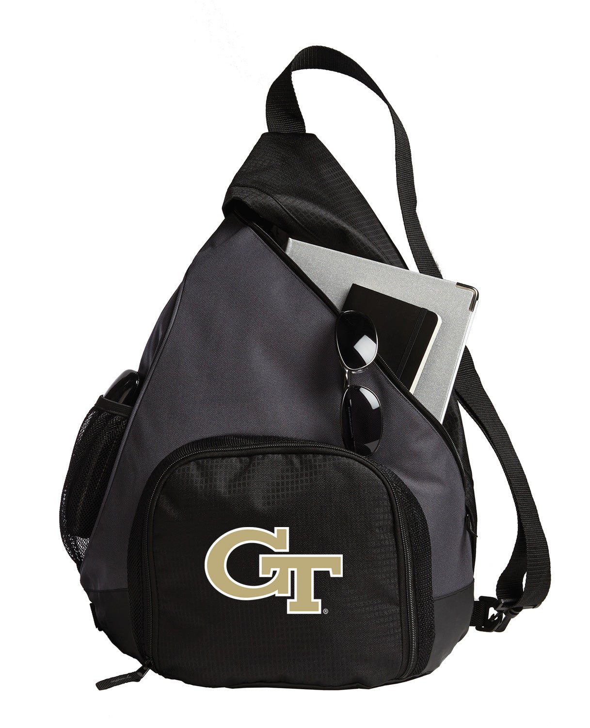 Georgia Tech Sling Backpack Georgia Tech Logo Bag with Soccer Ball or Volleyball Bag Sports Gear Compartment Practice Bag Black