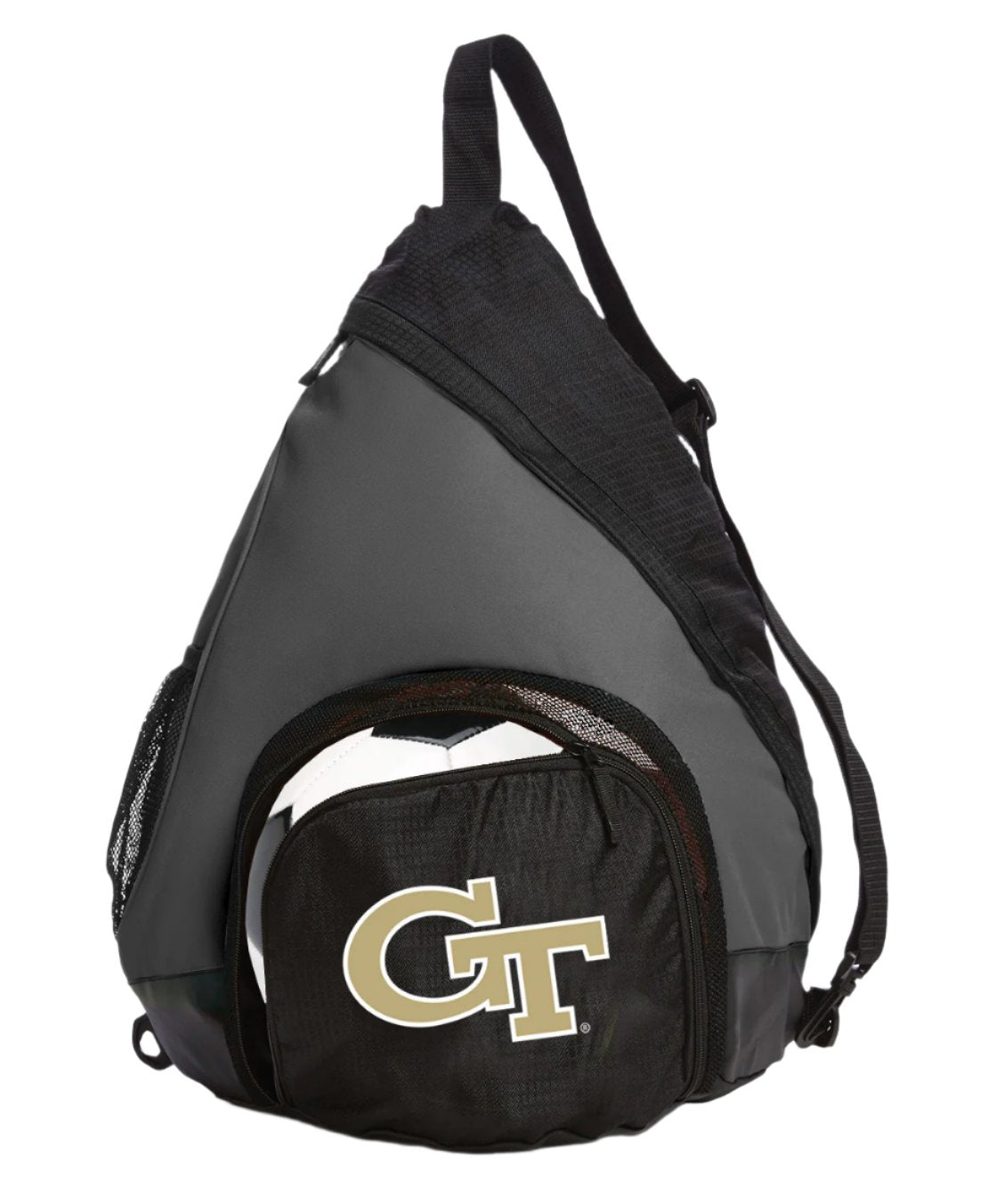 Georgia Tech Sling Backpack Georgia Tech Logo Bag with Soccer Ball or Volleyball Bag Sports Gear Compartment Practice Bag Black