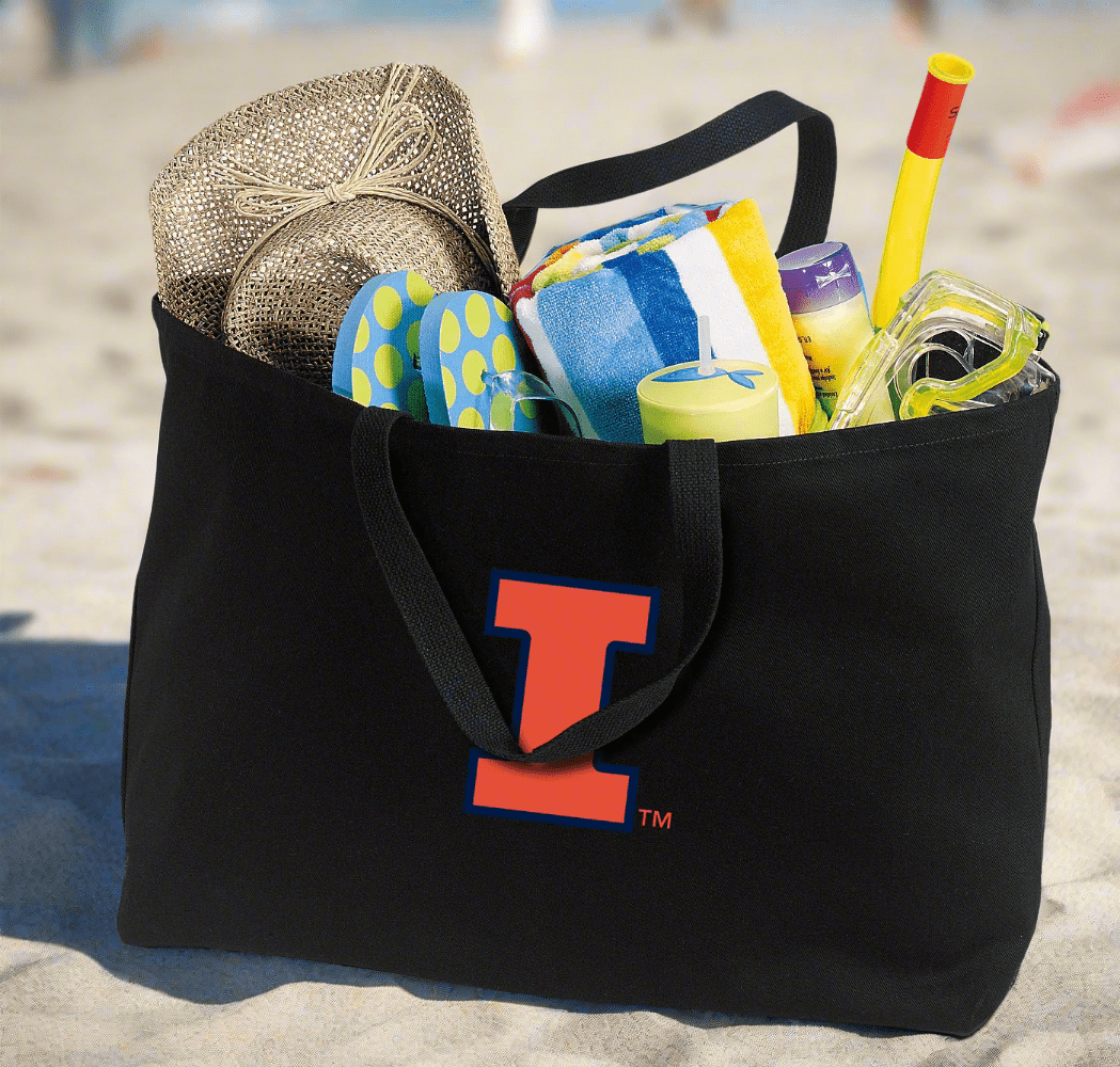 University of Illinois Large Tote Bag Illini Jumbo Tote for Beach Pool or Travel Black