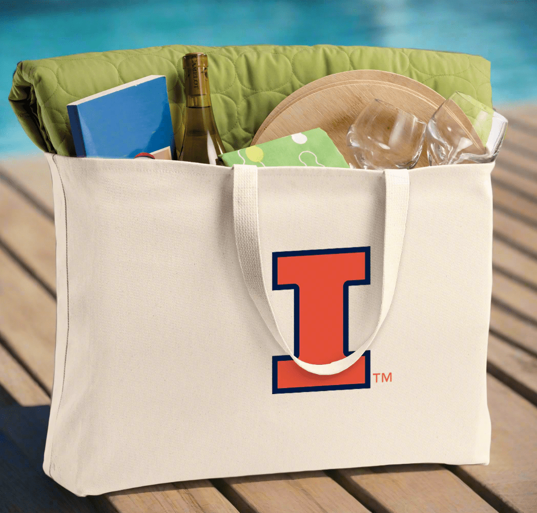 University of Illinois Large Tote Bag Illini Jumbo Tote for Beach Pool or Travel Tan