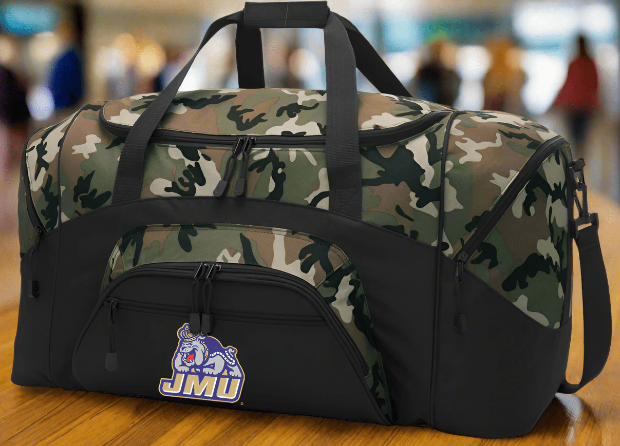JMU Camo Duffel Bag – Official Dukes Travel, Gym & Sports Bag with Shoulder Strap – 600D Polyester