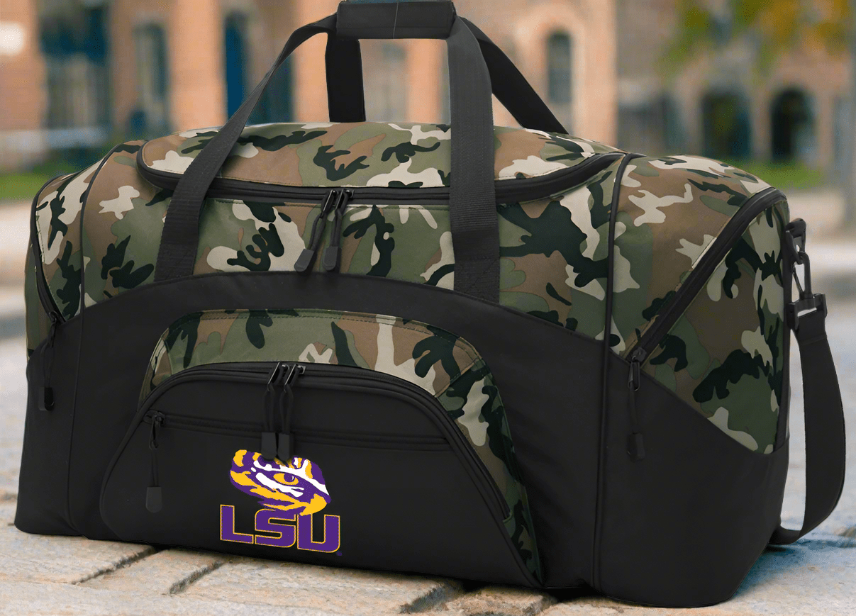 Large LSU Camo Duffel Bag – Official Tigers Gym, Travel & Sports Gear Bag with Shoulder Strap – 600D Polyester