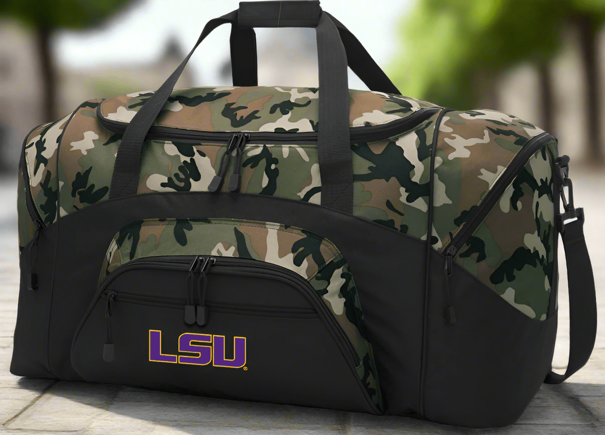 LSU Tigers Camo Duffel Bag – Oversized Gym, Travel & Team Bag with Shoulder Strap – Officially Licensed – 600D Polyester
