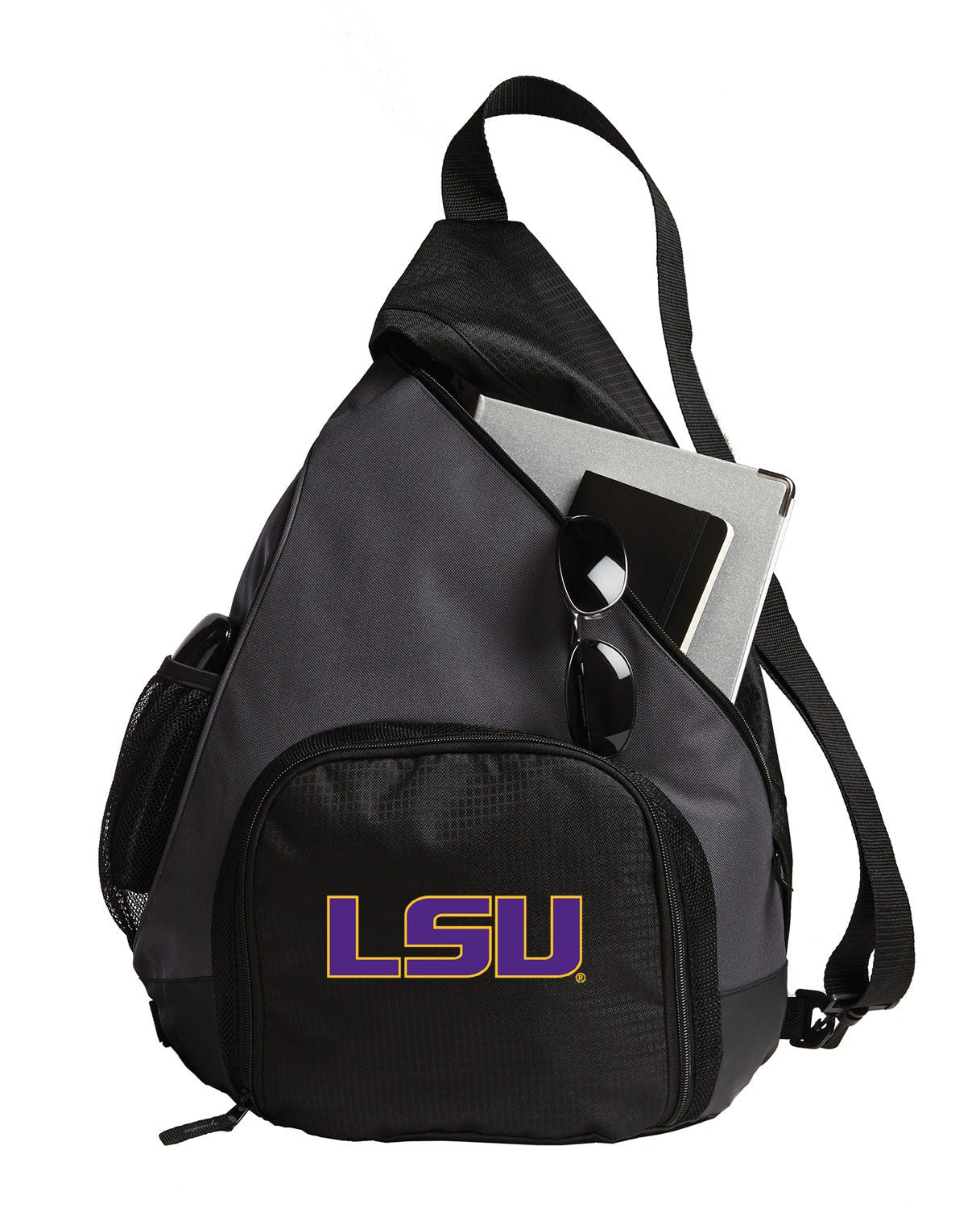 LSU Tigers Sling Backpack LSU Bag with Soccer Ball or Volleyball Bag Sports Gear Compartment Practice Bag Black