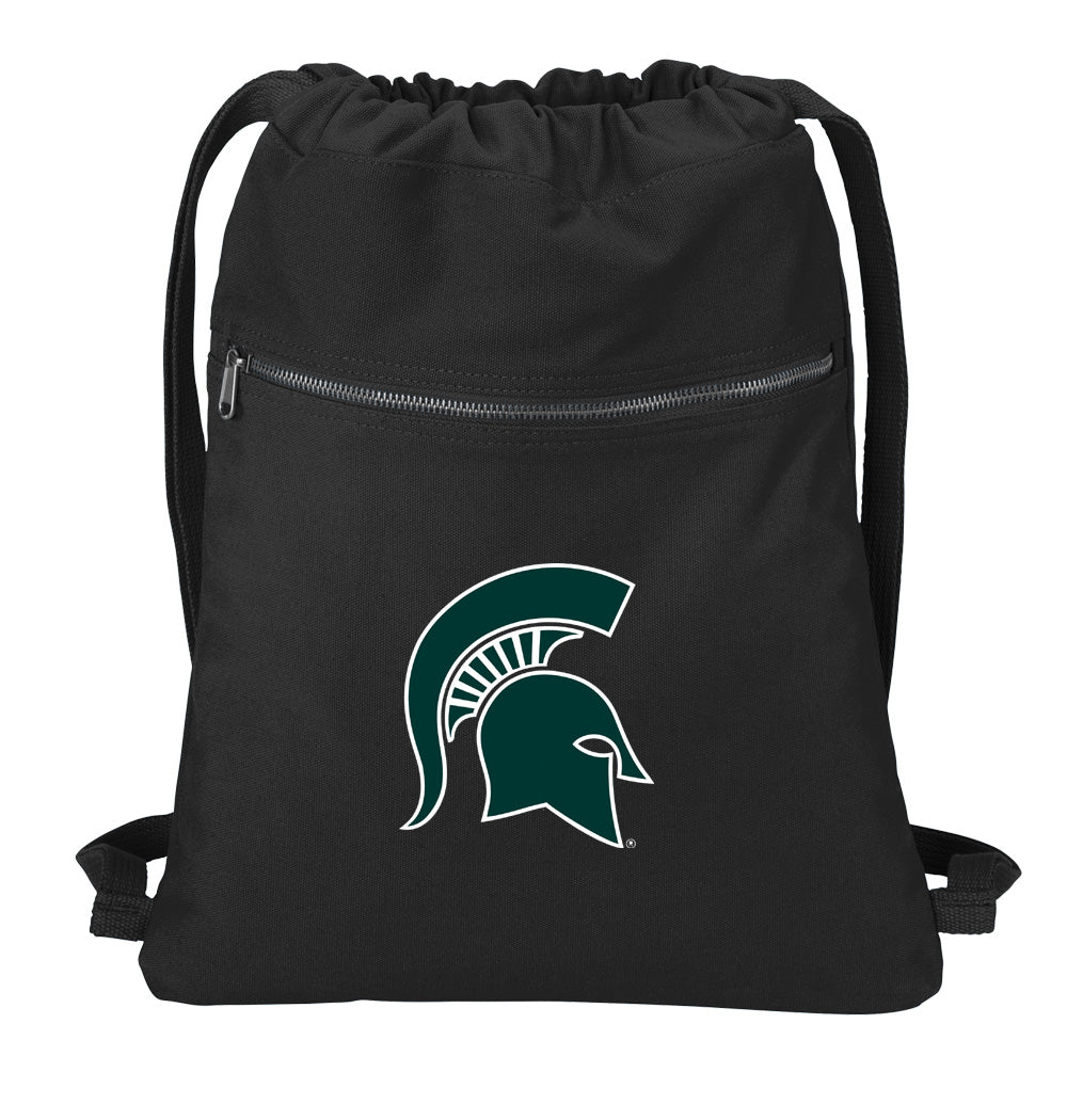 Michigan State Canvas Drawstring Backpack MSU Spartans Cotton Cinch Pack Bag Black