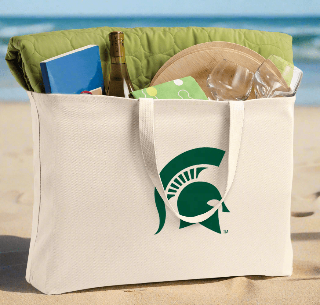 Michigan State Large Tote Bag MSU Spartans Jumbo Tote for Beach Pool or Travel Tan
