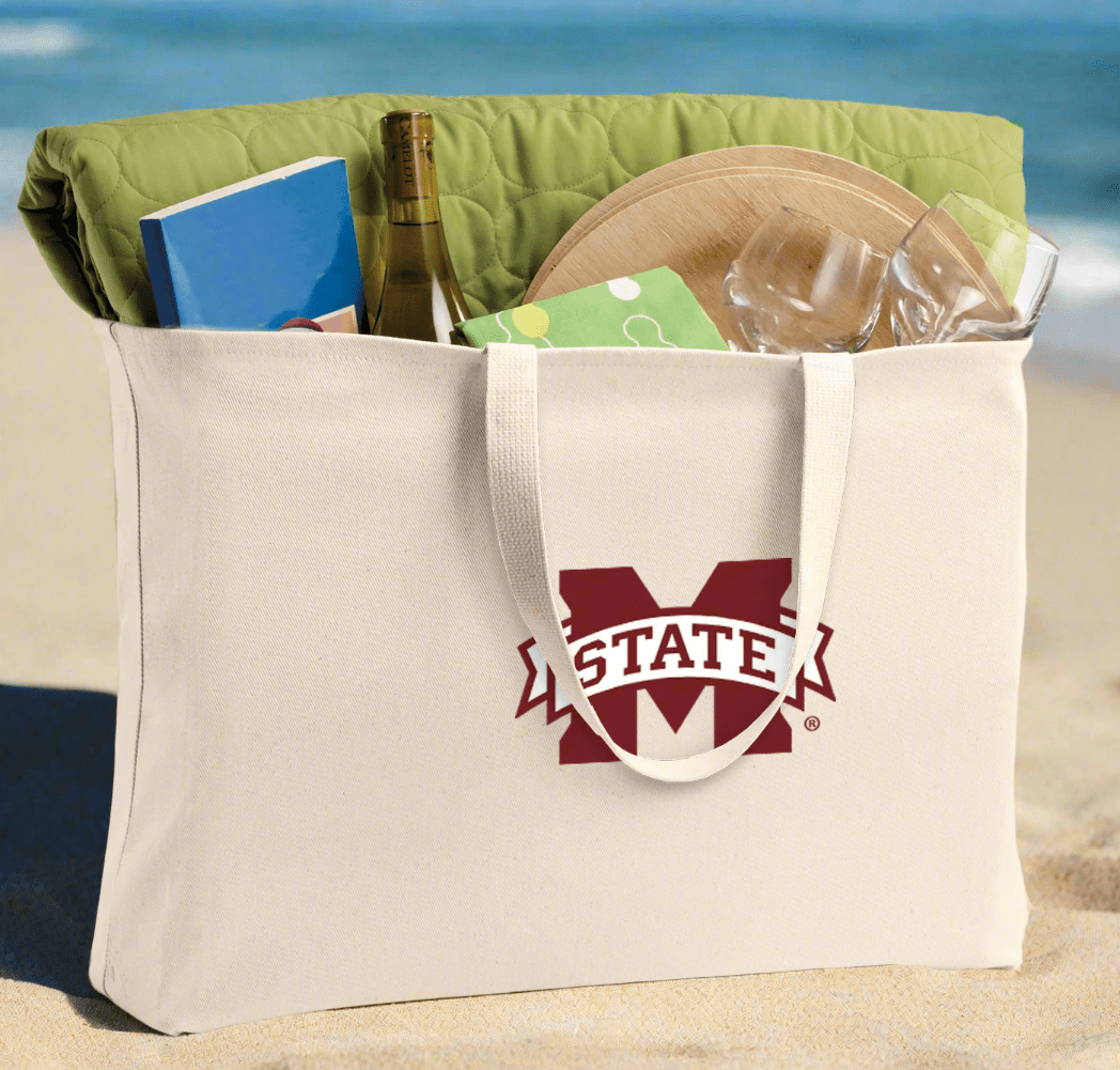 Mississippi State Large Tote Bag MSU Bulldogs Jumbo Tote for Beach Pool or Travel Tan