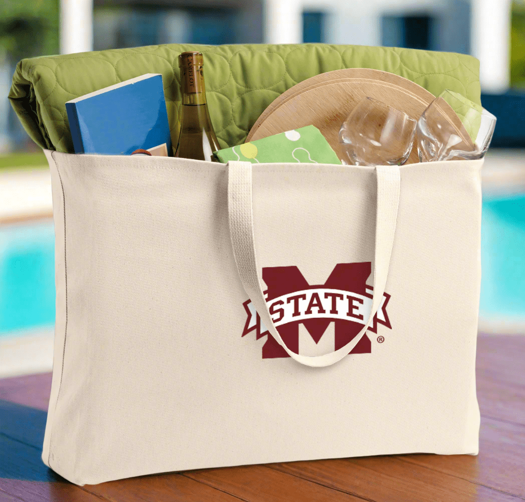 Mississippi State Large Tote Bag MSU Bulldogs Jumbo Tote for Beach Pool or Travel Tan