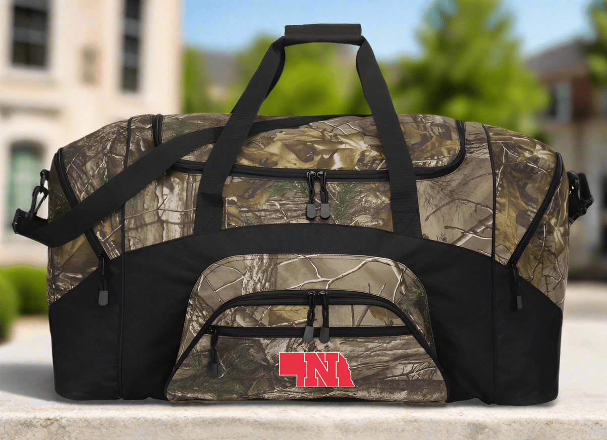University of Nebraska Logo Duffel Bag Camo Large Huskers Suitcase Travel Bag or Sports Gear Bag