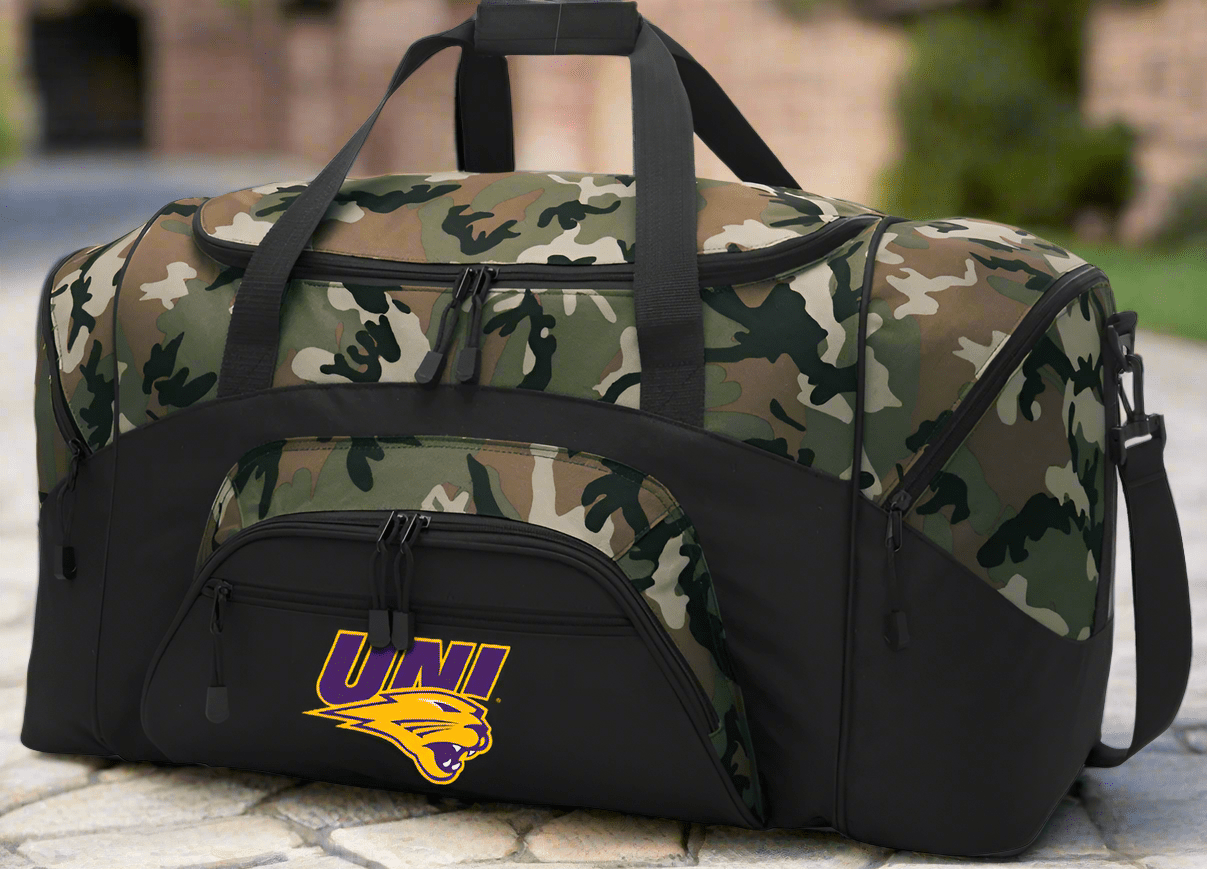 Northern Iowa Camo Duffel Bag – Official Panthers Travel, Gym & Sports Bag with Shoulder Strap – 600D Polyester