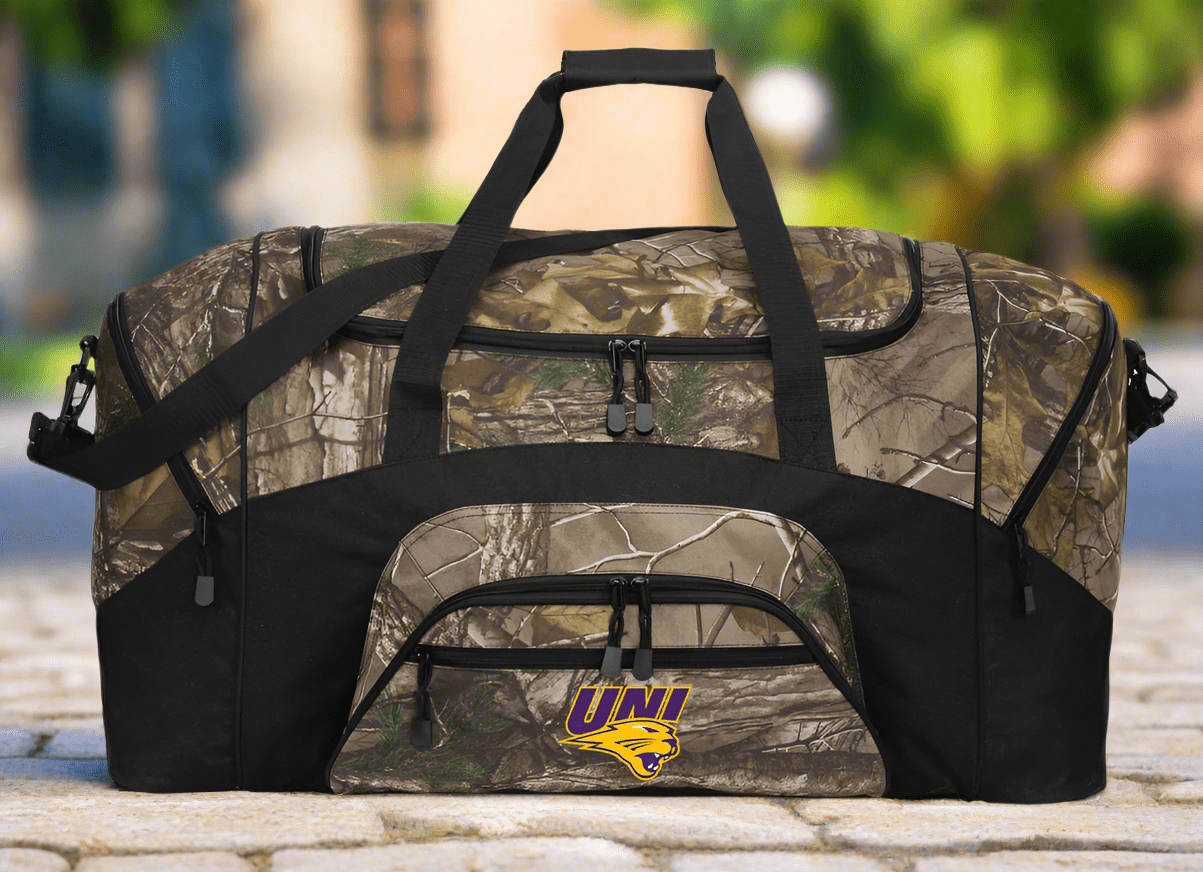 University of Northern Iowa Duffel Bag Camo Large UNI Panthers Suitcase Travel Bag or Sports Gear Bag