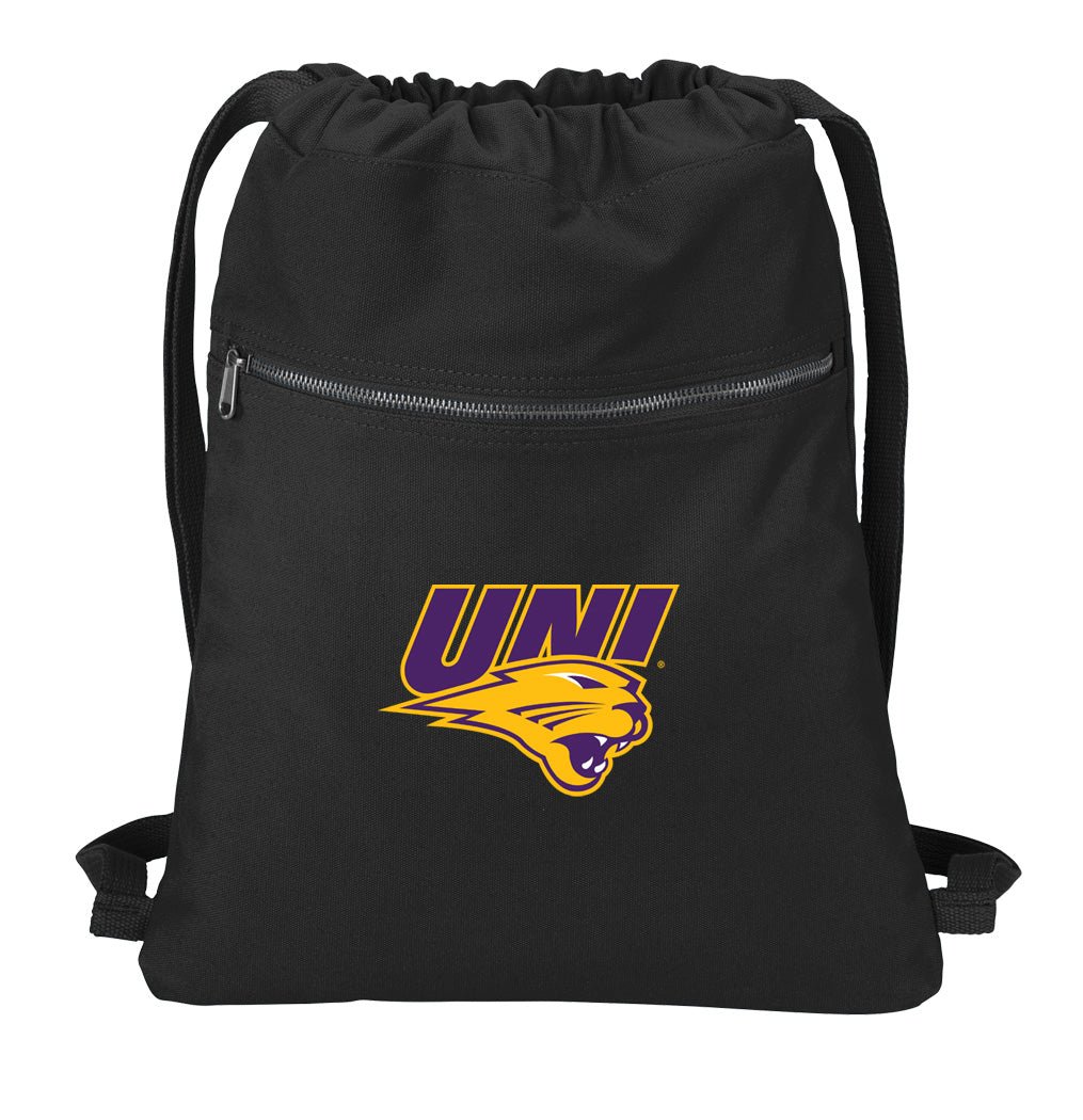 University of Northern Iowa Canvas Drawstring Backpack UNI Panthers Cotton Cinch Pack Bag Black
