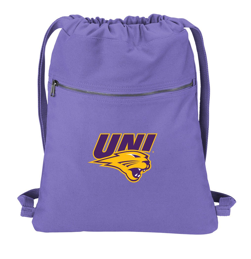 University of Northern Iowa Canvas Drawstring Backpack UNI Panthers Cotton Cinch Pack Bag Purple