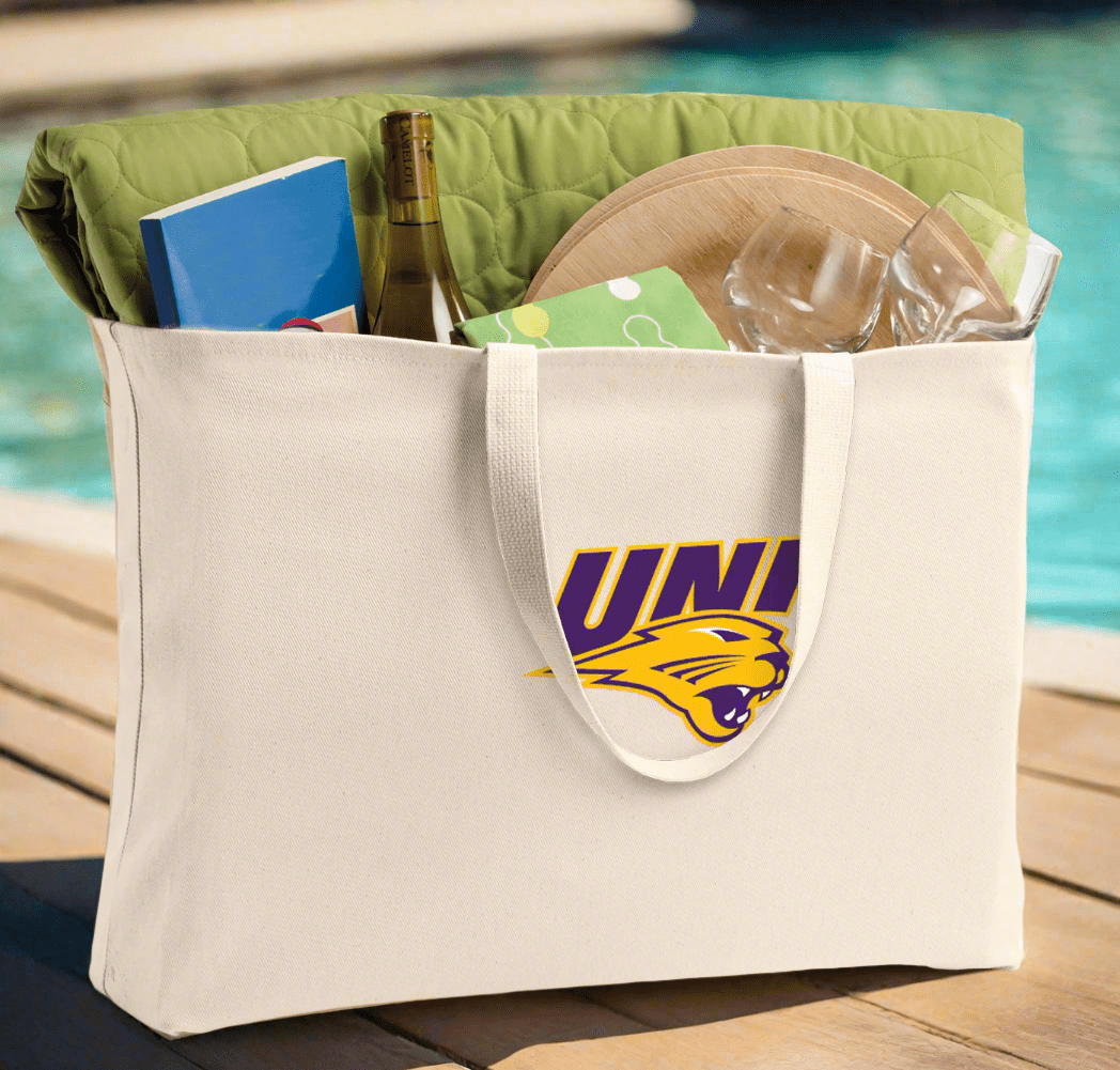 Northern Iowa Large Tote Bag UNI Panthers Jumbo Tote for Beach Pool or Travel Tan