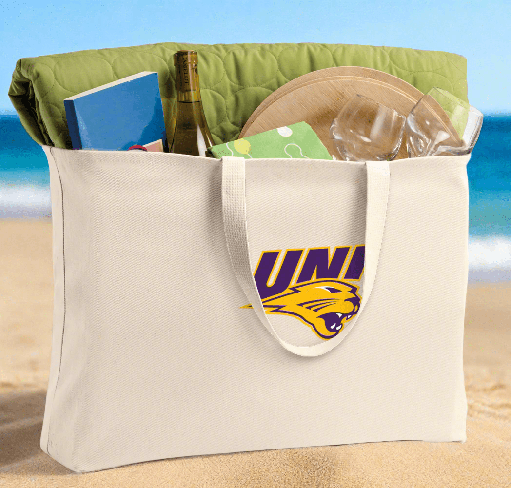Northern Iowa Large Tote Bag UNI Panthers Jumbo Tote for Beach Pool or Travel Tan
