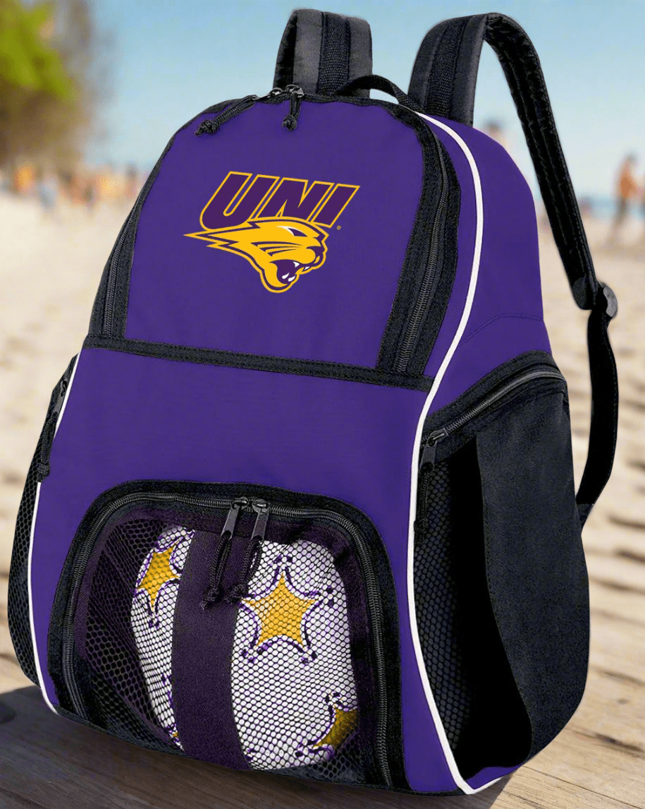 Northern Iowa Soccer Ball Backpack or UNI Panthers Volleyball Sports Gear Bag Purple