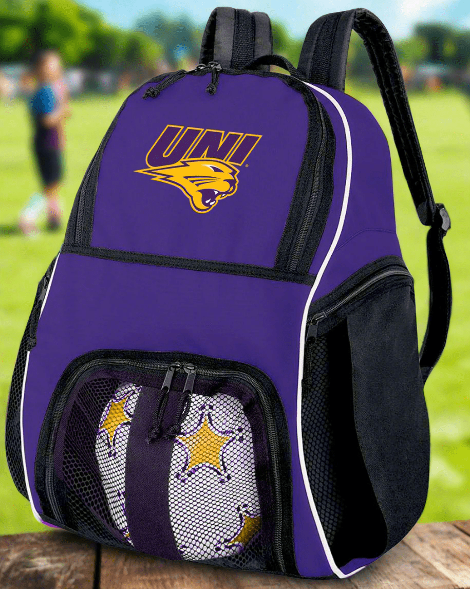Northern Iowa Soccer Ball Backpack or UNI Panthers Volleyball Sports Gear Bag Purple
