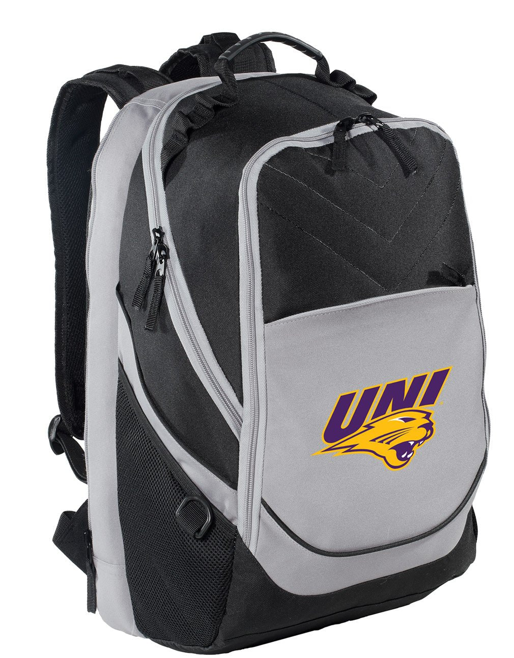 Northern Iowa Laptop Backpack – Official UNI Panthers Bookbag – 17" Laptop Sleeve, NCAA School Gear – 600D Polyester Black and Gray