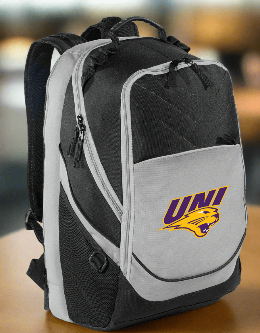 Northern Iowa Laptop Backpack – Official UNI Panthers Bookbag – 17" Laptop Sleeve, NCAA School Gear – 600D Polyester Black and Gray
