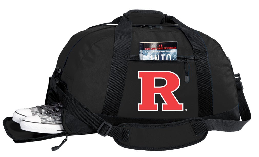 Rutgers Duffel Bag – Official Scarlet Knights Medium Gym & Travel Bag with Shoe Pocket – 600D Polyester Black
