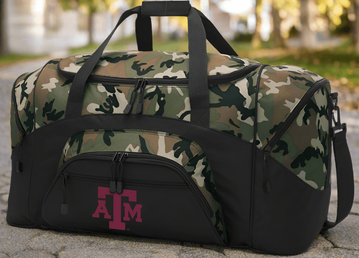 Texas A&M Camo Duffel Bag – Official Aggies Travel, Gym & Sports Bag with Shoulder Strap – 600D Polyester