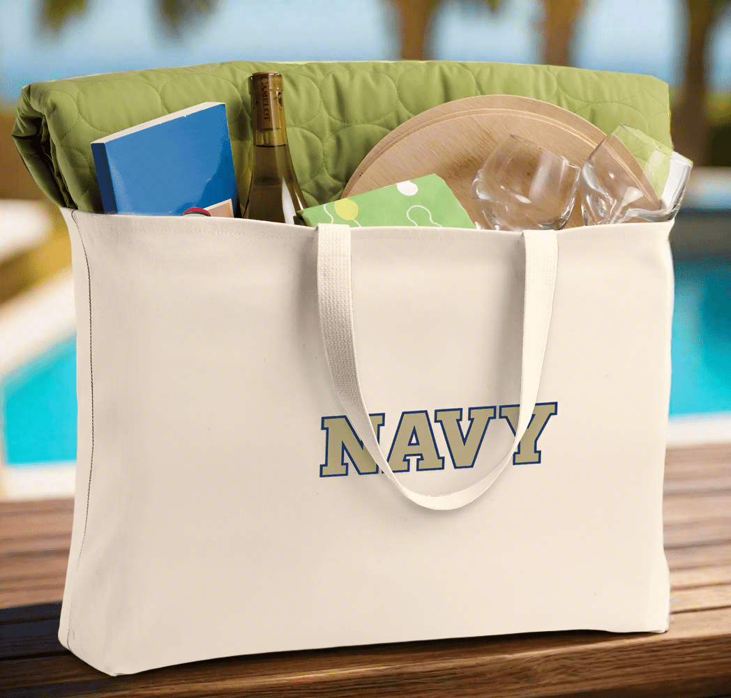 Naval Academy Large Tote Bag Navy Midshipmen Jumbo Tote for Beach Pool or Travel Tan