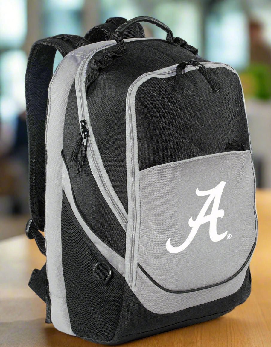 Alabama Laptop Backpack – Official Alabama Crimson Tide Bookbag – 17" Laptop Sleeve, NCAA School Gear – 600D Polyester Black and Gray White Logo