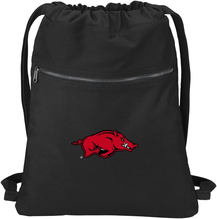 University of Arkansas Canvas Drawstring Backpack Arkansas Razorbacks Cotton Cinch Pack Bag Black