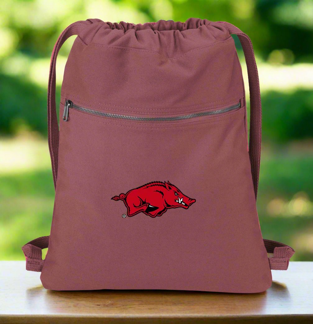 University of Arkansas Canvas Drawstring Backpack Arkansas Razorbacks Cotton Cinch Pack Bag Dye Washed Red