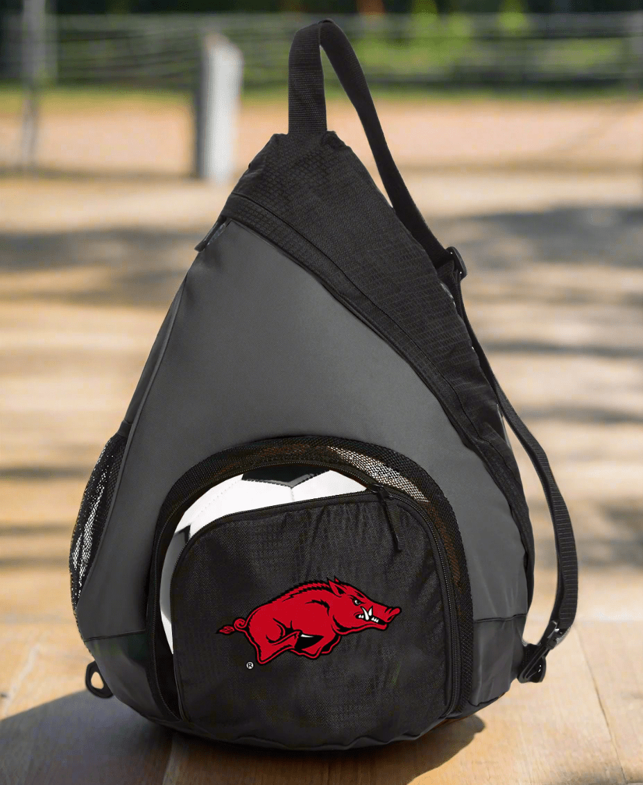 University of Arkansas Sling Backpack Arkansas Razorbacks Bag with Soccer Ball or Volleyball Bag Sports Gear Compartment Practice Bag Black