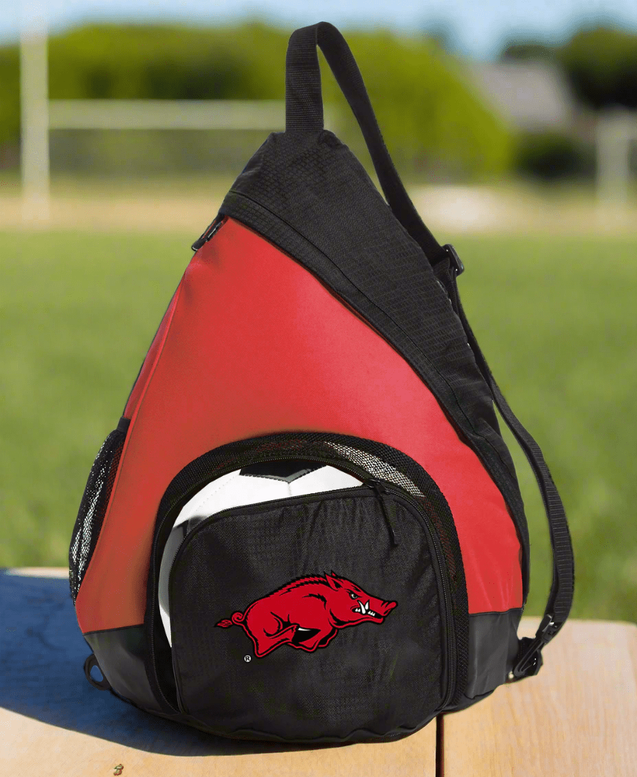 University of Arkansas Sling Backpack Arkansas Razorbacks Bag with Soccer Ball or Volleyball Bag Sports Gear Compartment Practice Bag Red
