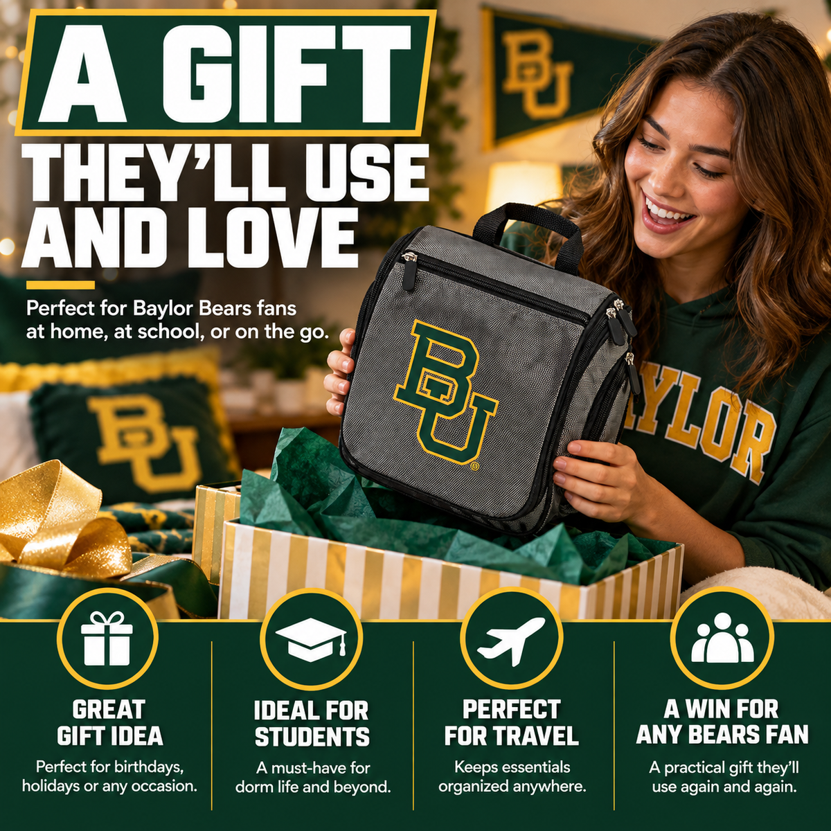 Baylor University Toiletry Bag - Hanging Travel Organizer Black