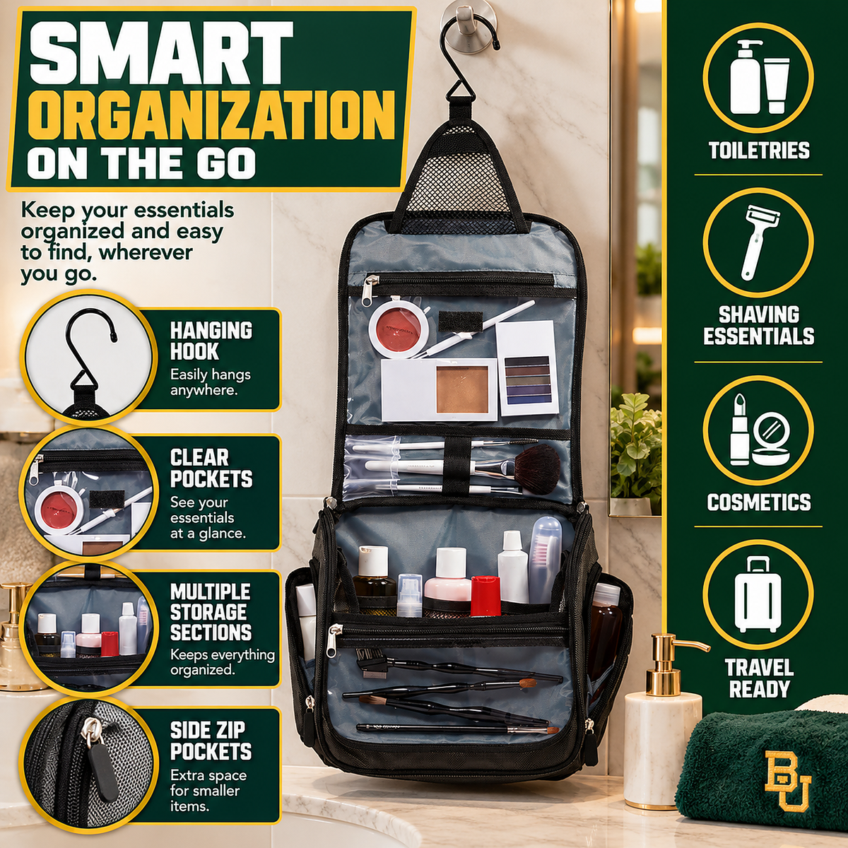 Baylor University Toiletry Bag - Hanging Travel Organizer Black