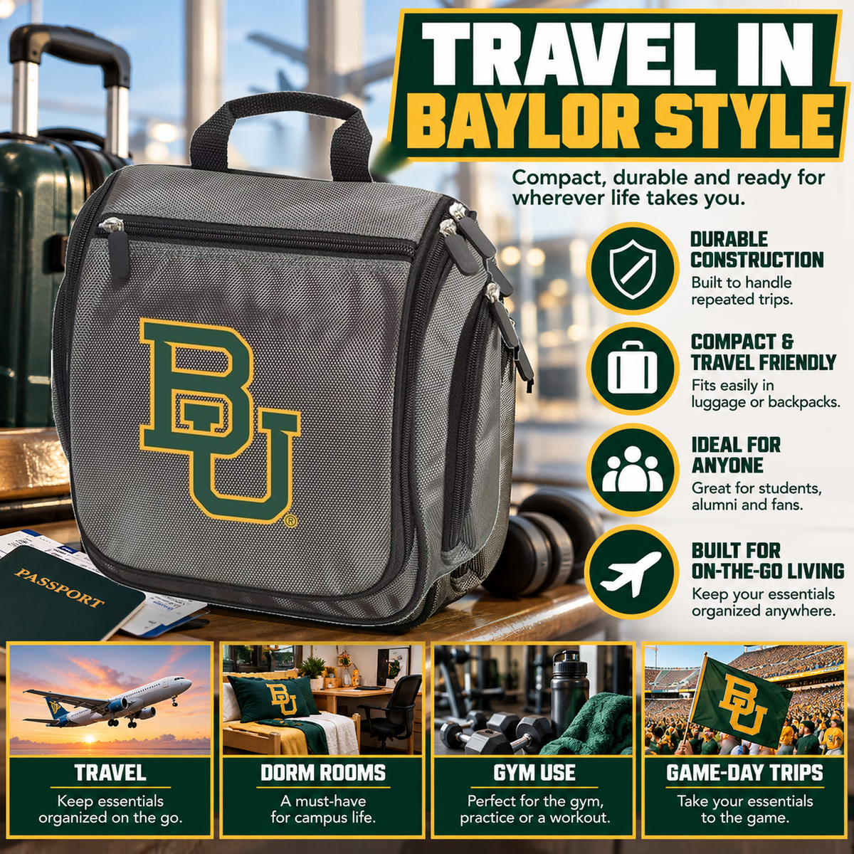Baylor University Toiletry Bag - Hanging Travel Organizer Black