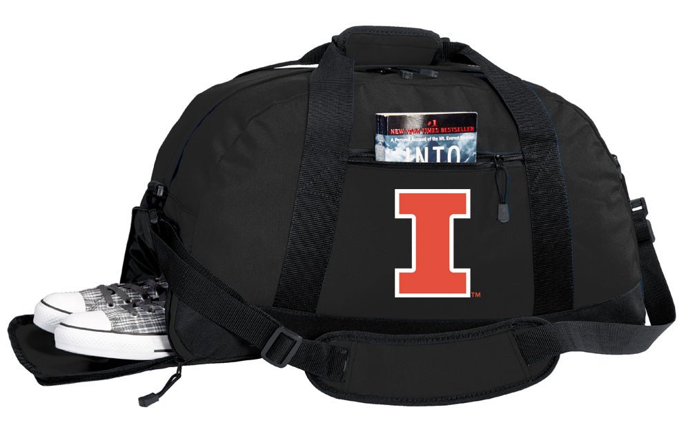 Illinois Duffel Bag – Official Fighting Illini Medium Gym & Travel Bag with Shoe Pocket – 600D Polyester Black