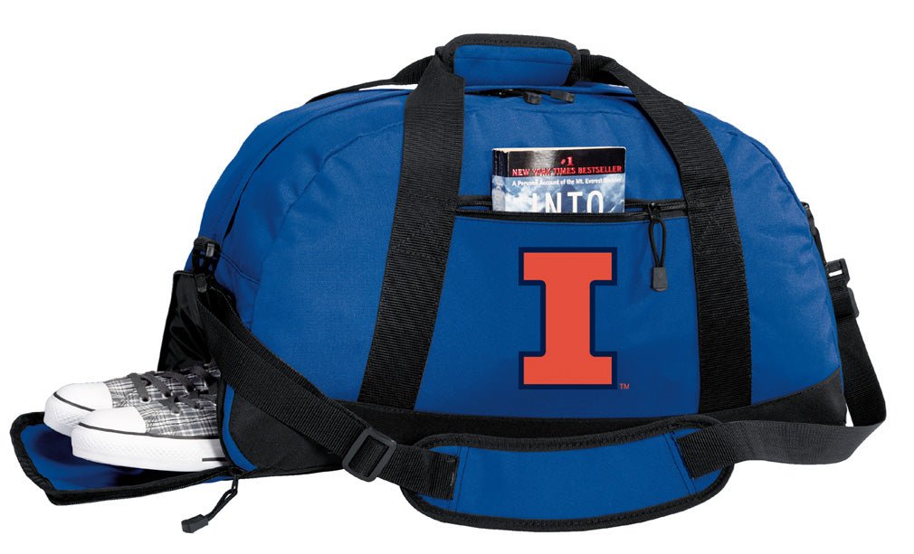 Illinois Duffel Bag – Official Fighting Illini Medium Gym & Travel Bag with Shoe Pocket – 600D Polyester Blue