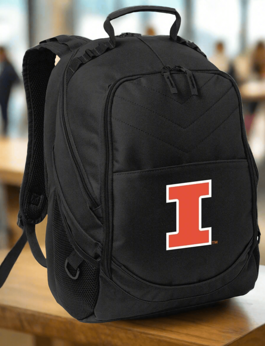 Illinois Laptop Backpack – Official Illinois Fighting Illini Bookbag – 17" Laptop Sleeve, NCAA School Gear – 600D Polyester Black