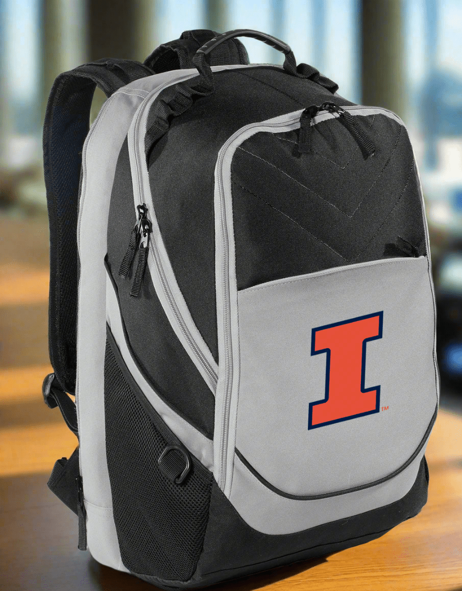 Illinois Laptop Backpack – Official Illinois Fighting Illini Bookbag – 17" Laptop Sleeve, NCAA School Gear – 600D Polyester Black and Gray