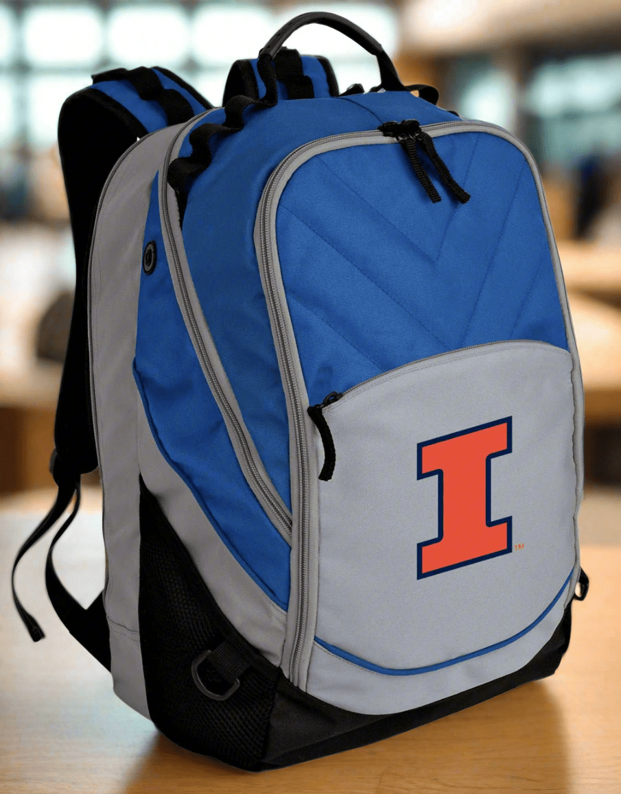 Illinois Laptop Backpack – Official Illinois Fighting Illini Bookbag – 17" Laptop Sleeve, NCAA School Gear – 600D Polyester Blue and Gray
