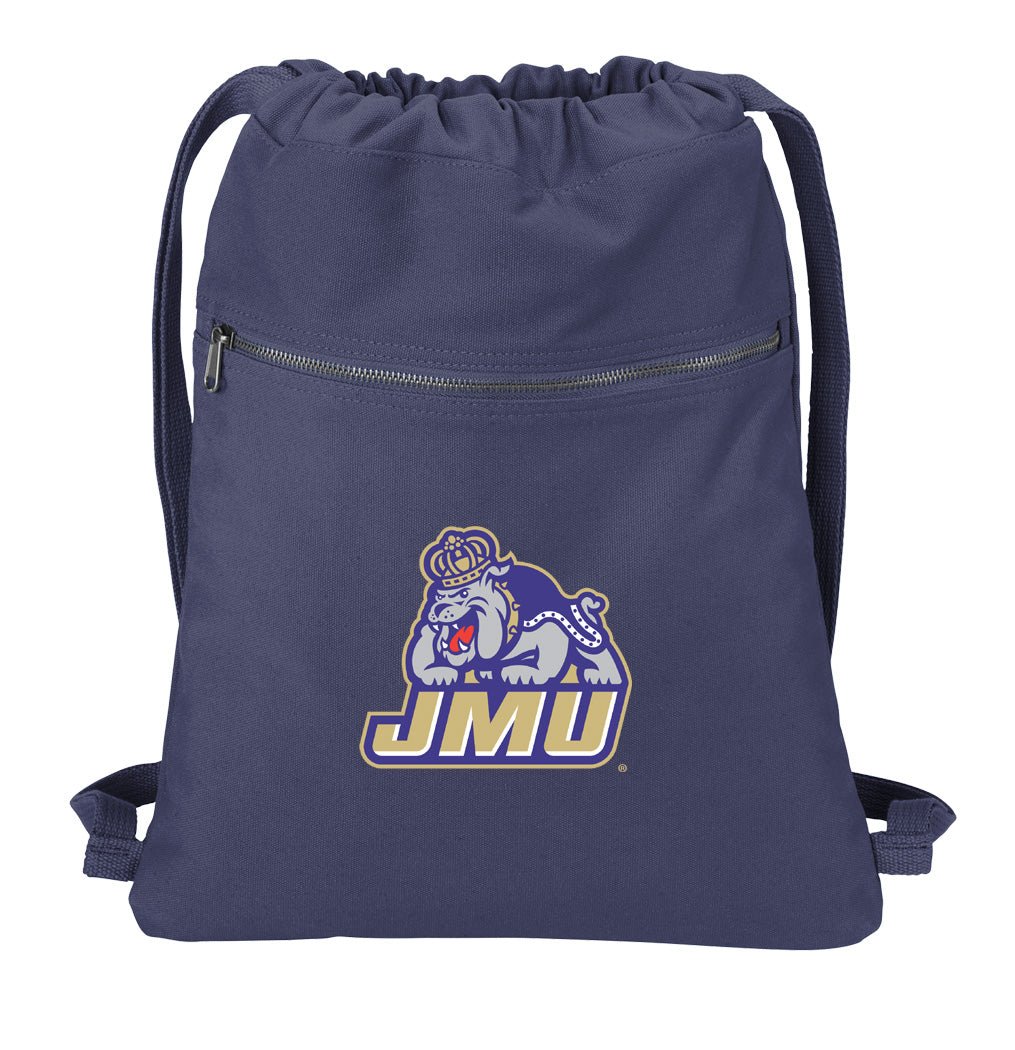 JMU Canvas Drawstring Backpack James Madison University Cotton Cinch Pack Bag Dye Washed Navy